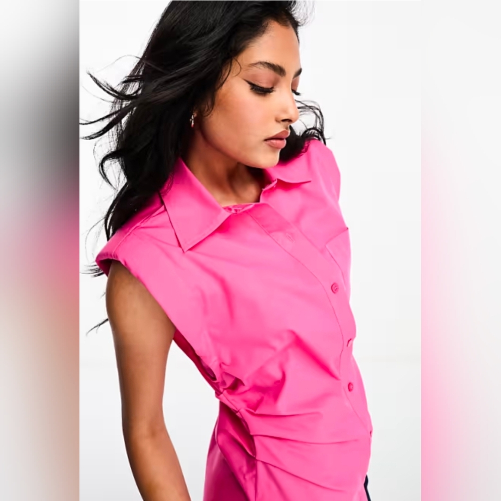 NWOT Hot Pink Sleeveless Blouse Button-Down Casual Shirt Cinch Top Size US 12